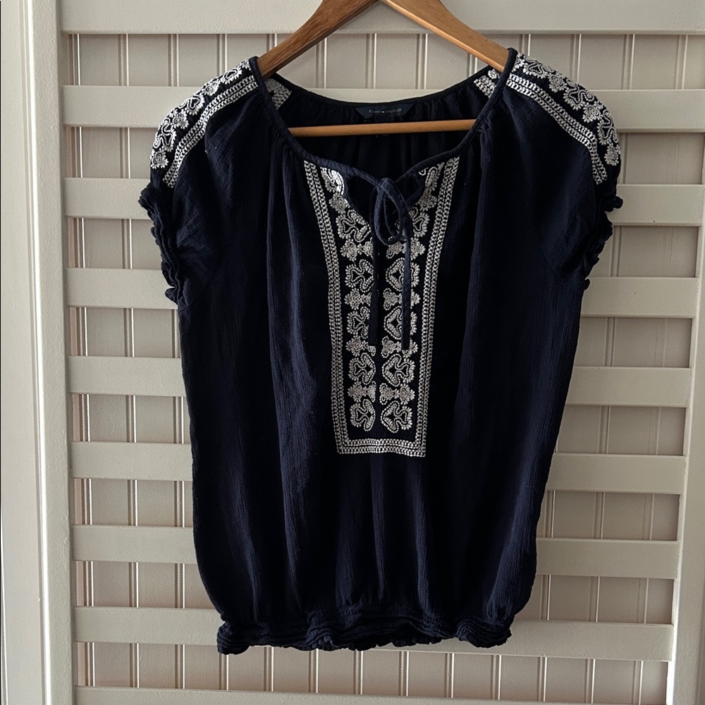 Tommy Hilfiger Navy Blouse with White Embroidery